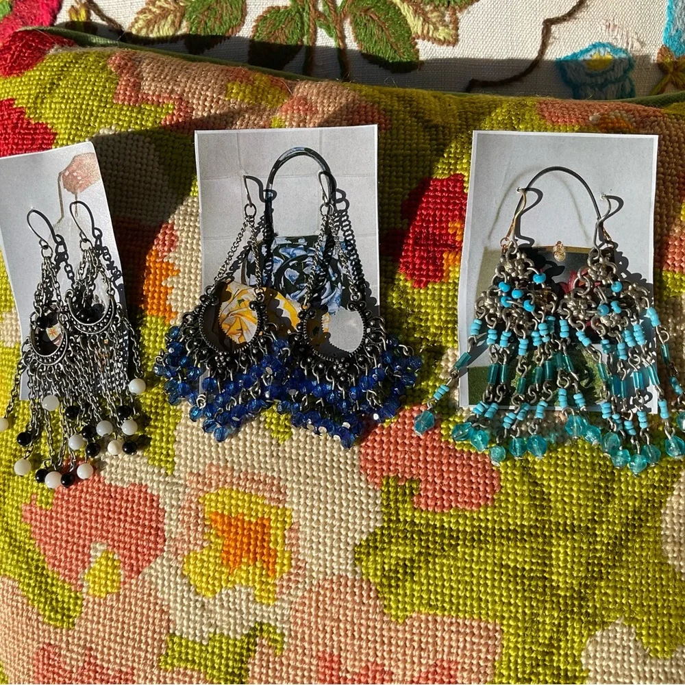 3 Pairs of Vintage Indian Bohemian Beaded Dangle Earrings